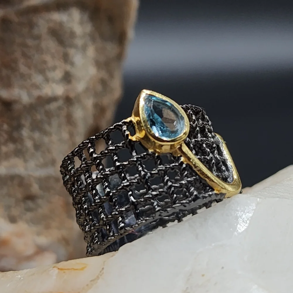 Sterling Silver 925 Black Rhodium 14k Gold Ring Genuine Blue Topaz